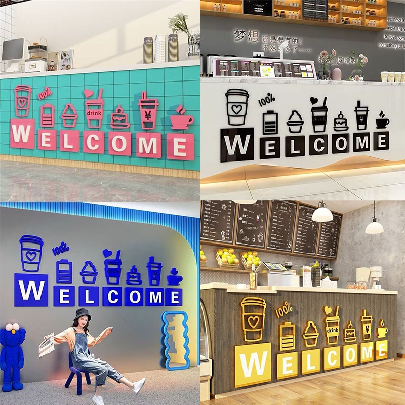 ยินดีต้อนรับสโลแกนร้านชานมตกแต่งผนังเค้กขนมคาเฟ่สติกเกอร์ติดด้วยตนเอง