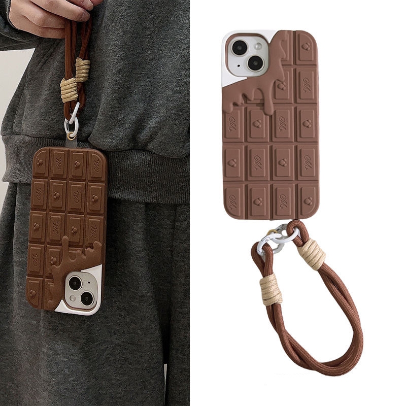 สําหรับ iPhone 16 Plus 15 Pro Max 14 11 12 ฝาครอบ 3D Melted ช็อกโกแลต Soft Case พร้อมสายคล้องมือ Lanyard