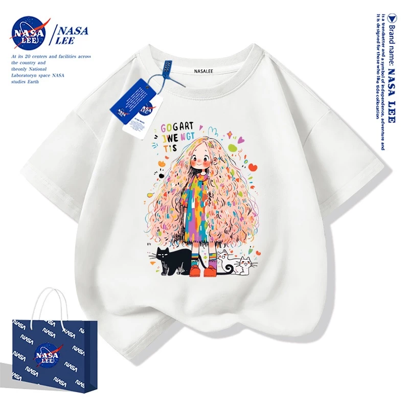 NASA เสื้อยืดแขนสั้นผ้าฝ้ายสีขาวสำหรับเด็กหญิงลายการ์ตูนตัวละคร รุ่นใหม่ปี 2025 เสื้อผ้าแฟชั่นสบายๆ สำหรับฤดูร้อน