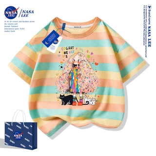 NASA เสื้อยืดแขนสั้นผ้าฝ้ายสีขาวสำหรับเด็กหญิงลายการ์ตูนตัวละคร รุ่นใหม่ปี 2025 เสื้อผ้าแฟชั่นสบายๆ สำหรับฤดูร้อน