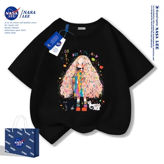 NASA เสื้อยืดแขนสั้นผ้าฝ้ายสีขาวสำหรับเด็กหญิงลายการ์ตูนตัวละคร รุ่นใหม่ปี 2025 เสื้อผ้าแฟชั่นสบายๆ สำหรับฤดูร้อน