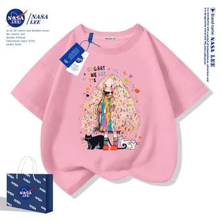 NASA เสื้อยืดแขนสั้นผ้าฝ้ายสีขาวสำหรับเด็กหญิงลายการ์ตูนตัวละคร รุ่นใหม่ปี 2025 เสื้อผ้าแฟชั่นสบายๆ สำหรับฤดูร้อน