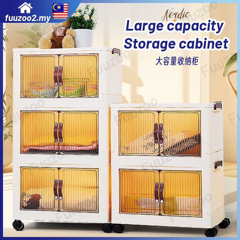 L37 ซม./L41 ซม./L65 ซม.(1-6 ชั้น) ตู้เก็บของพับได้มีล้อ 2 ประตู Stackable storage Box ที่เก็บเสื้อผ้
