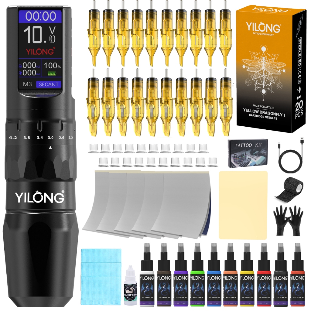 YILONG ชุดเครื่องสักไร้สาย เครื่องสักปรับความเร็วได้ 6 ระดับ มาพร้อมแหล่งจ่ายไฟ 1200mAh และหน้าจอ LC