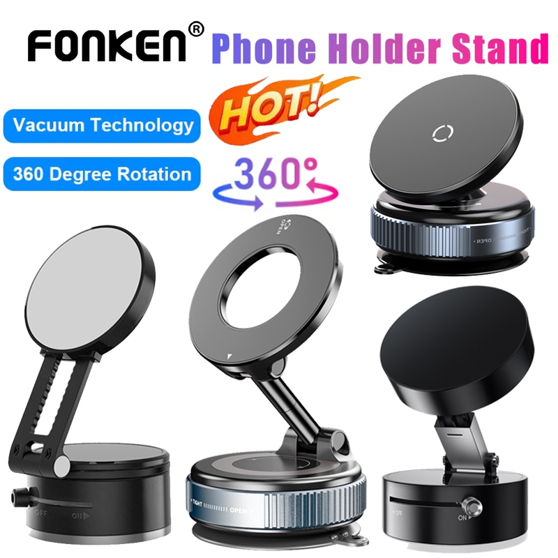 FONKEN ประกายไฟ การดูดซับสูญญากาศที่วางโทรศัพท์ในรถยนต์ 360° หมุนวงเล็บแม่เหล็กถ้วยดูดขาตั้งโทรศัพท์