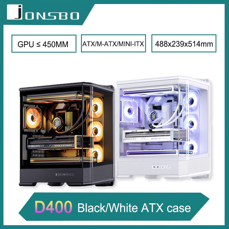 Jonsbo D400 PC กรณีสีดํา/สีขาว Sea View Room คอมพิวเตอร์สําหรับเล่นเกมเดสก์ท็อป M-ATX ATX เมนบอร์ดสน