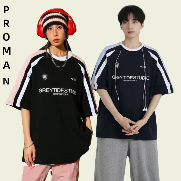 ProMan🌈แขนสั้นพิมพ์ลายวินเทจสไตล์อเมริกัน  เสื้อยืดคอกลมผู้ชาย  สีต่อ  ยอดนิยม  แบบหลวม กีฬา