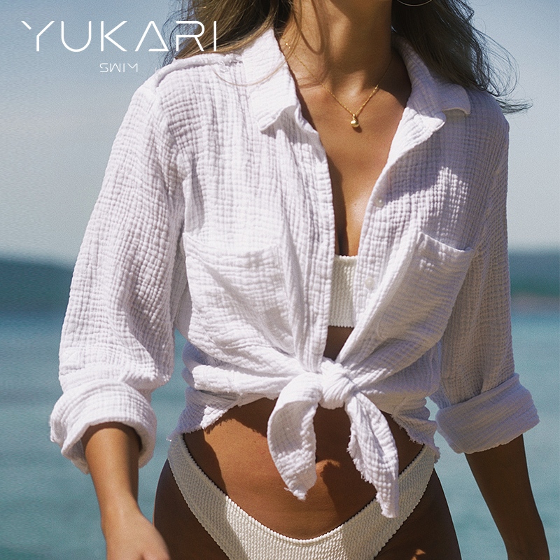 Yukari SWIM เสื้อคาร์ดิแกนผู้หญิงสีขาวคลุมชายหาดป้องกันแสงแดดเปิดผ้าคลุมไหล่ด้านหน้าสําหรับชุดว่ายน้ํา