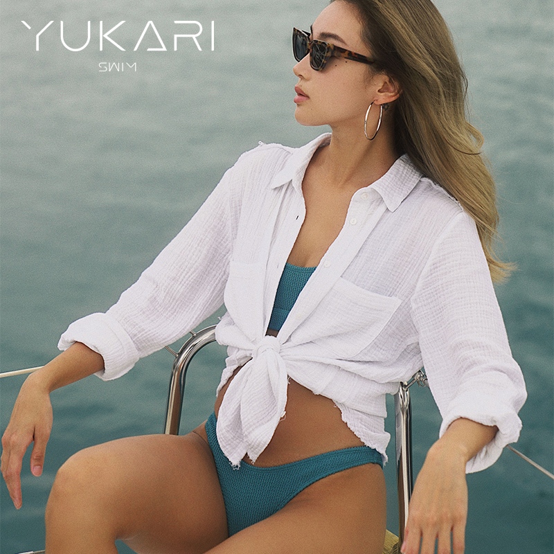 Yukari SWIM เสื้อคาร์ดิแกนผู้หญิงสีขาวคลุมชายหาดป้องกันแสงแดดเปิดผ้าคลุมไหล่ด้านหน้าสําหรับชุดว่ายน้ํา — صورة 2