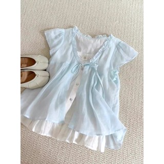 สไตล์เกาหลีผู้หญิงสุภาพสตรีหลวมนัวเนียถุงแขนสั้นเสื้อเสื้อปล…