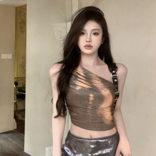 Vest Metallic One-Shoulder Cropped Top - Shiny Brown Slim-Fit Midriff Design 10714