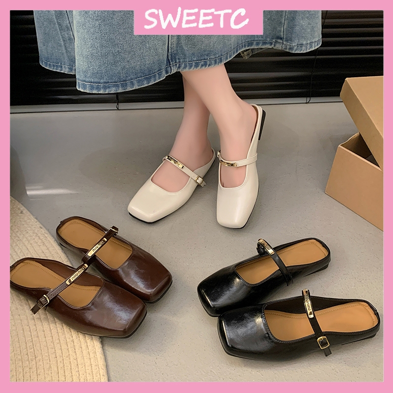 รองเท้าแตะส้นแบนหัวเหลี่ยมสำหรับผู้หญิง