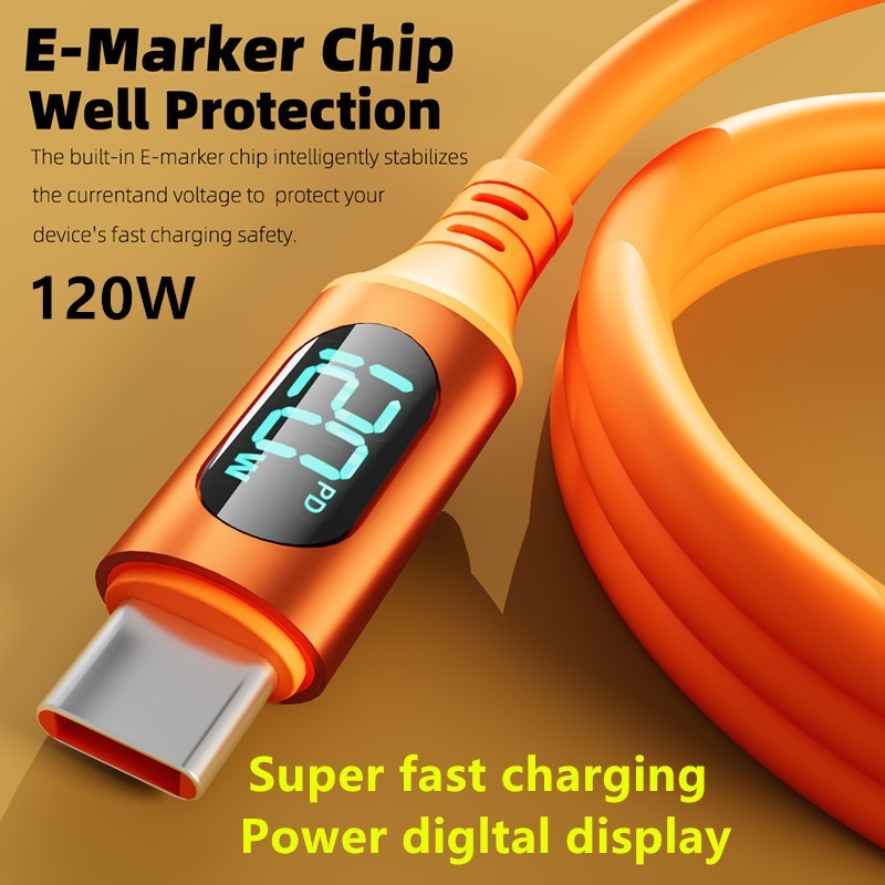 120W 6A USB to Type C Type-C T0 C สายเคเบิลข้อมูลดิจิตอลจอแสดงผล QC PD Fast Charger สายเคเบิลข้อมูลสำหรับ Apple Huaw