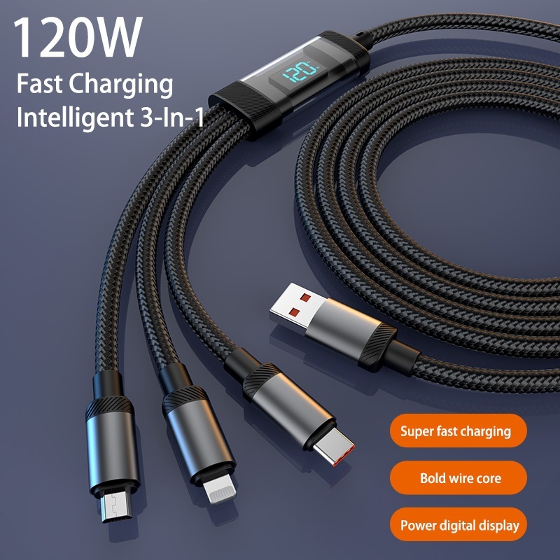 120W สายชาร์จ 3in1 สายชาร์จเร็ว Typec การออกแบบโปร่งใส Fast Charge Superfast Charge Digital Display Cable For