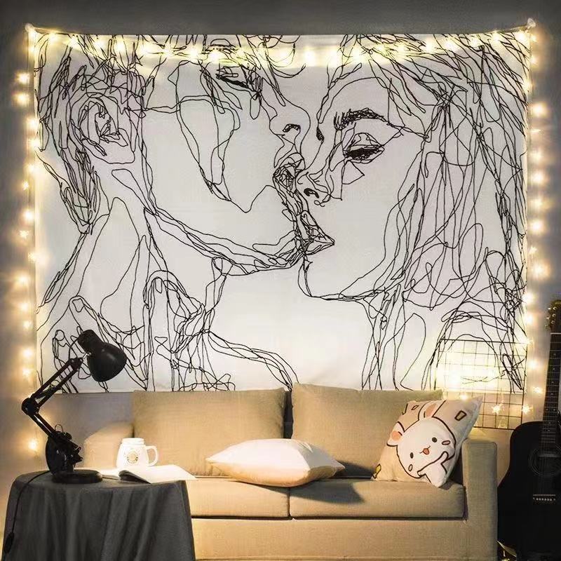 Line Simple Art Tapestry Room การปรับเปลี่ยนข้างเตียง ผ้าพื้นหลังตกแต่ง ผ้าติดผนังภาพสไตล์นอร์ดิก