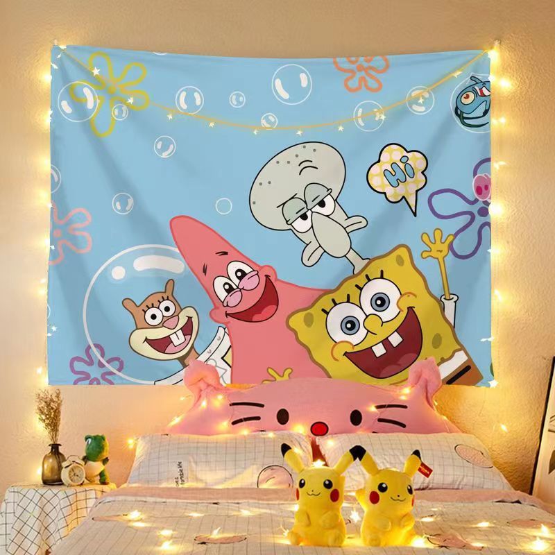 การ์ตูนการ์ตูน SpongeBob SquarePants ผ้าพื้นหลัง ins Tapestry Influencer ตกแต่งห้องนอนเด็กหอพักอะนิเมะ Wall