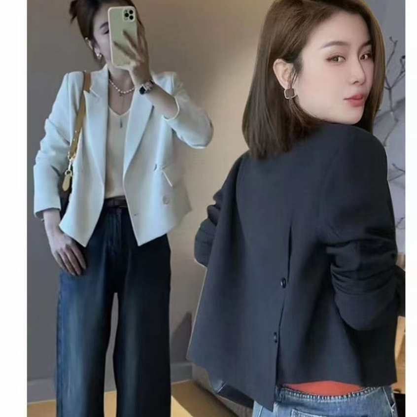 ผู้หญิงเกาหลีแฟชั่นหลวมย้อนยุคสีทึบเสื้อเบลเซอร์เสื้อแจ็คเก็ตพร้อมสต็อก