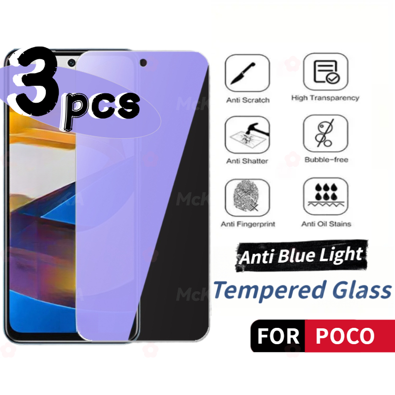 1/3PCS 9H Anti-Blue Light ฟิล์มนิรภัยสําหรับ POCO C65 F6 F5 X6 M6 M5 M5s F4 F3 X4 GT C40 GT NEO Pro 4G 5G Eye Protection กระจกนิรภัยป้องกันหน้าจอฟิล์ม Anti-ฟิล์มกระจกนิรภัยแสงสีฟ้า