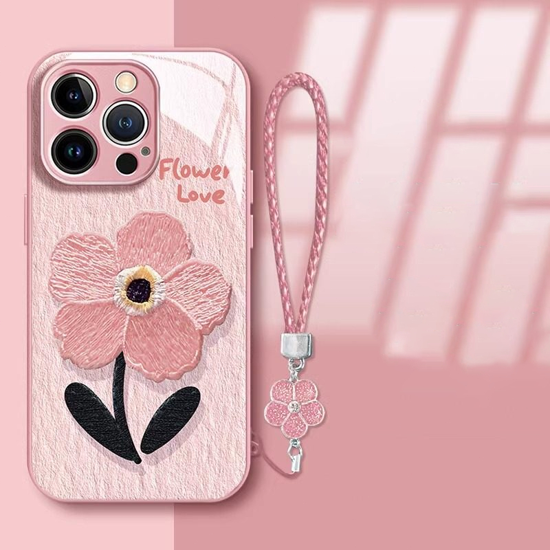 สําหรับเคสโทรศัพท์ ไอโฟน เคสไอโฟน11/12/13/14บวก/15/16/17 เปลือกแข็ง, เปลือกแก้ว, ภาพดอกไม้, เชือกมือ, การ์ตูนน่ารัก, กันตก, กันกระแทก,