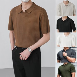 สไตล์เกาหลีแนวโน้มปกเสื้อโปโลแขนสั้นผู้ชายแสงผู้ใหญ่สไตล์หล่อเสื้อยืดผู้ชายสีทึบทุกการแข่งขันถักท็อปส์เป็นกลาง