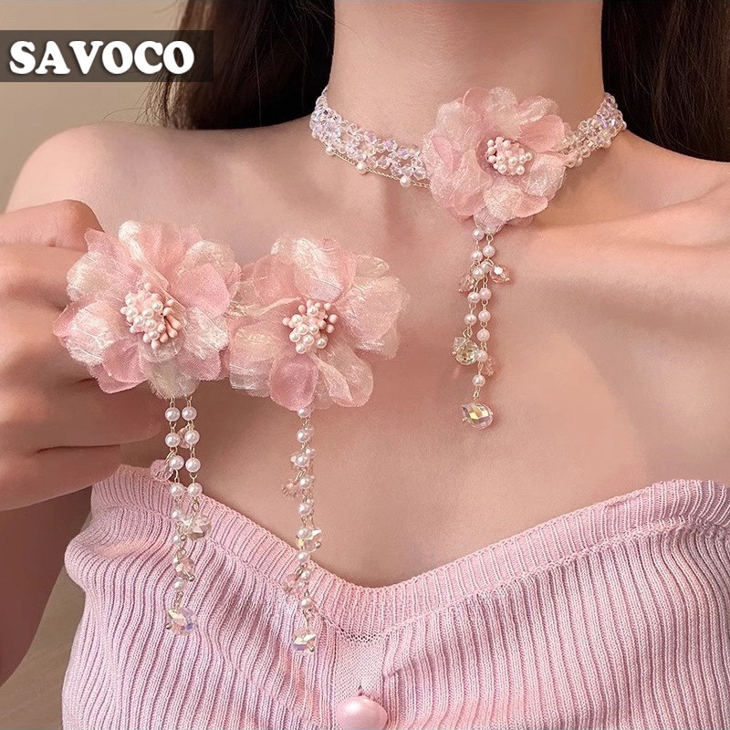 Savoco วันหยุดดอกไม้สีชมพู Drop ต่างหูชุดสร้อยคอบุคลิกภาพฤดูร้อนสร้อยคอต่างหูชุด SE234