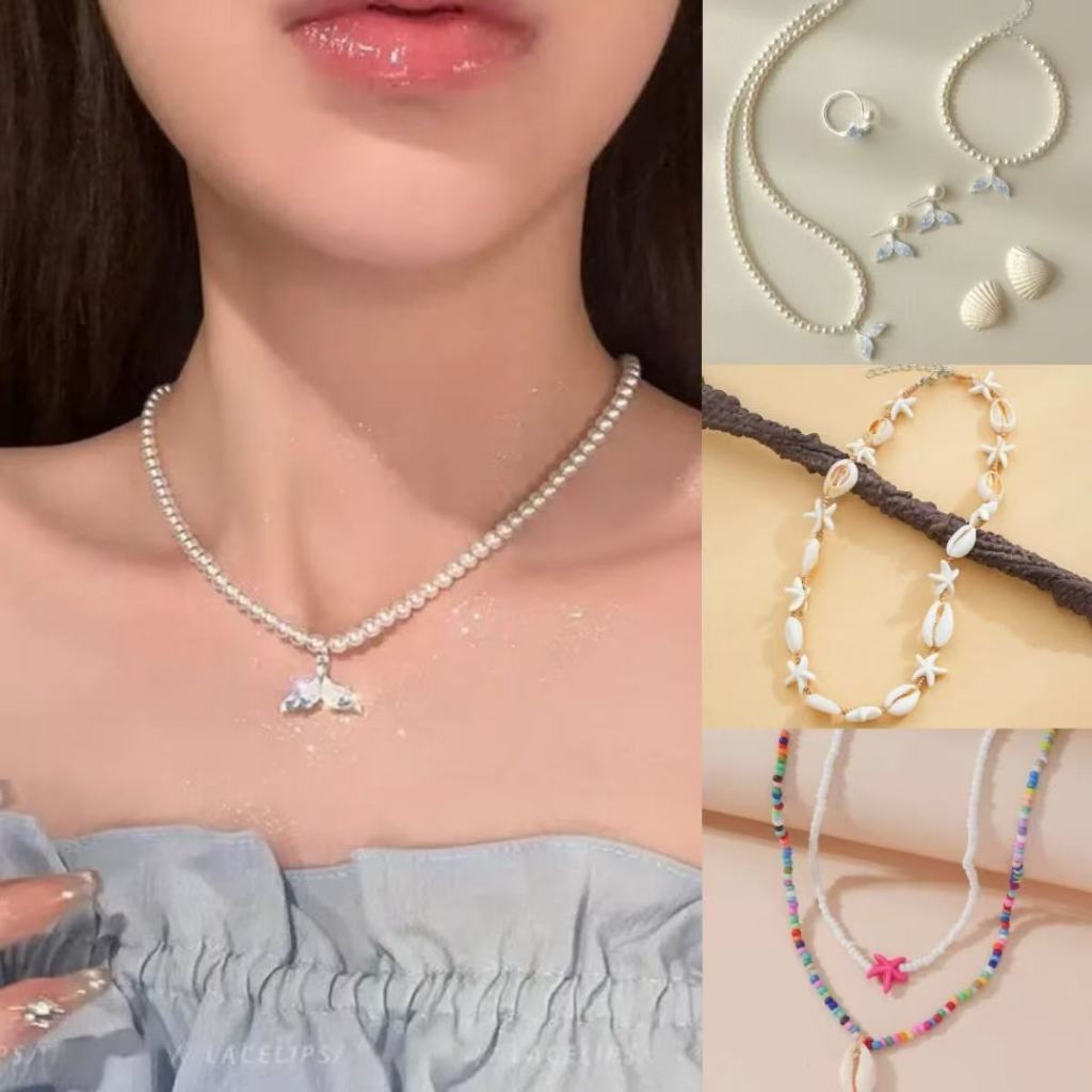 ✨สร้อยคอมุกเปลือกหอย ปลาโลมา จี้ปลาดาว สวยมาก เครื่องประดับแฟชั่นชายหาด