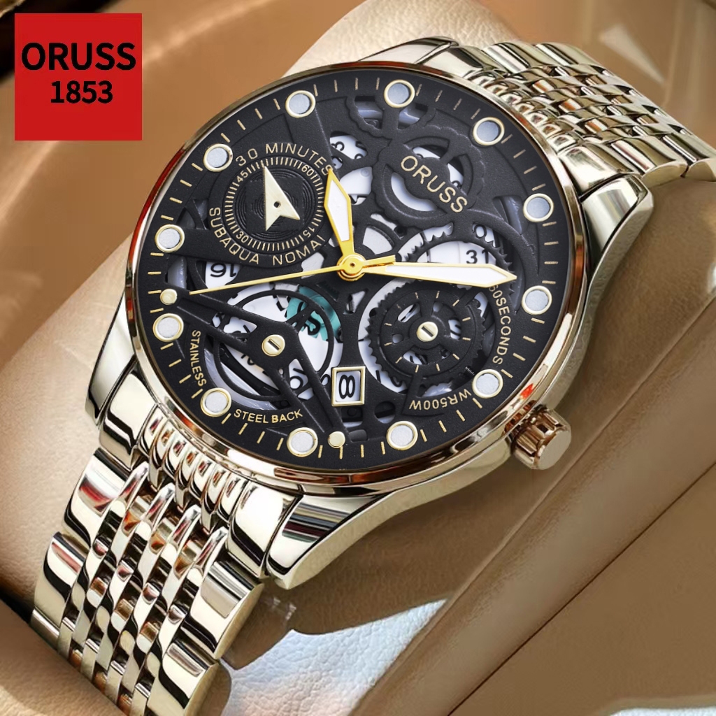 ORUSS Original Mens Luminous Calendar Luxury Stainless Steel Fashion Silver Watch Business Korean Ve