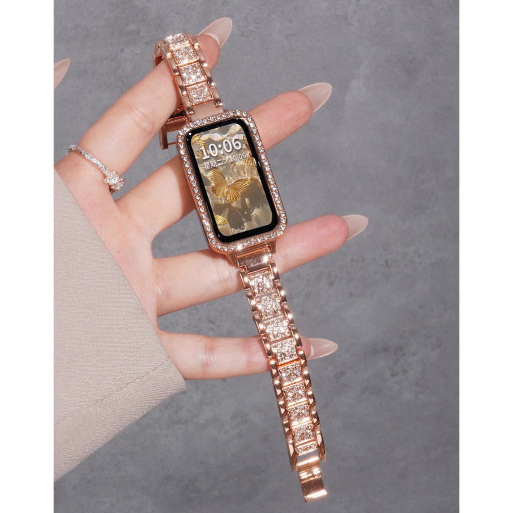 Bling Full Diamond สายนาฬิกา + กรณีสําหรับ Huawei band 10 สาย Huawei band 9 Strap Huawei band 8/8NFC
