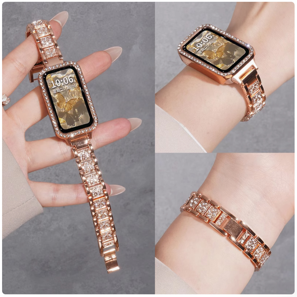 Bling Full Diamond สายนาฬิกา + กรณีสําหรับ Huawei band 10 สาย Huawei band 9 Strap Huawei band 8/8NFC