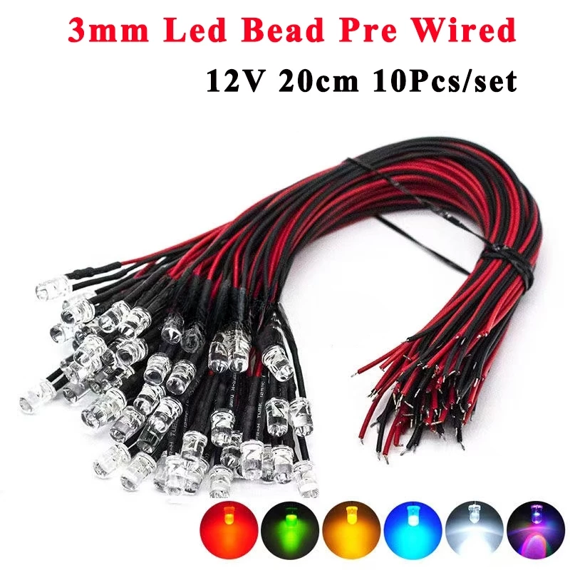 10 ชิ้น ไฟ LED 3 มม. แบบมีสาย 12V หลอดไฟ Emitting Diodes สําหรับ DIY ของเล่นรถ RC รถบรรทุก ปาร์ตี้