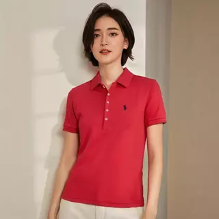 ฤดูร้อนเสื้อโปโลสุภาพสตรีปกแขนสั้นธุรกิจเสื้อยืดลําลอง 5 ปุ่มปักกีฬาสลิมฟิตเสื้อโปโลด้านบน