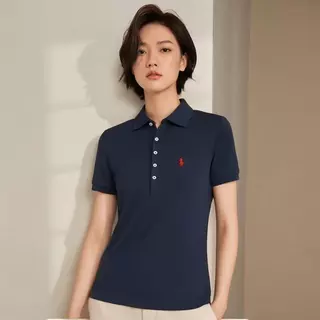 ฤดูร้อนเสื้อโปโลสุภาพสตรีปกแขนสั้นธุรกิจเสื้อยืดลําลอง 5 ปุ่มปักกีฬาสลิมฟิตเสื้อโปโลด้านบน