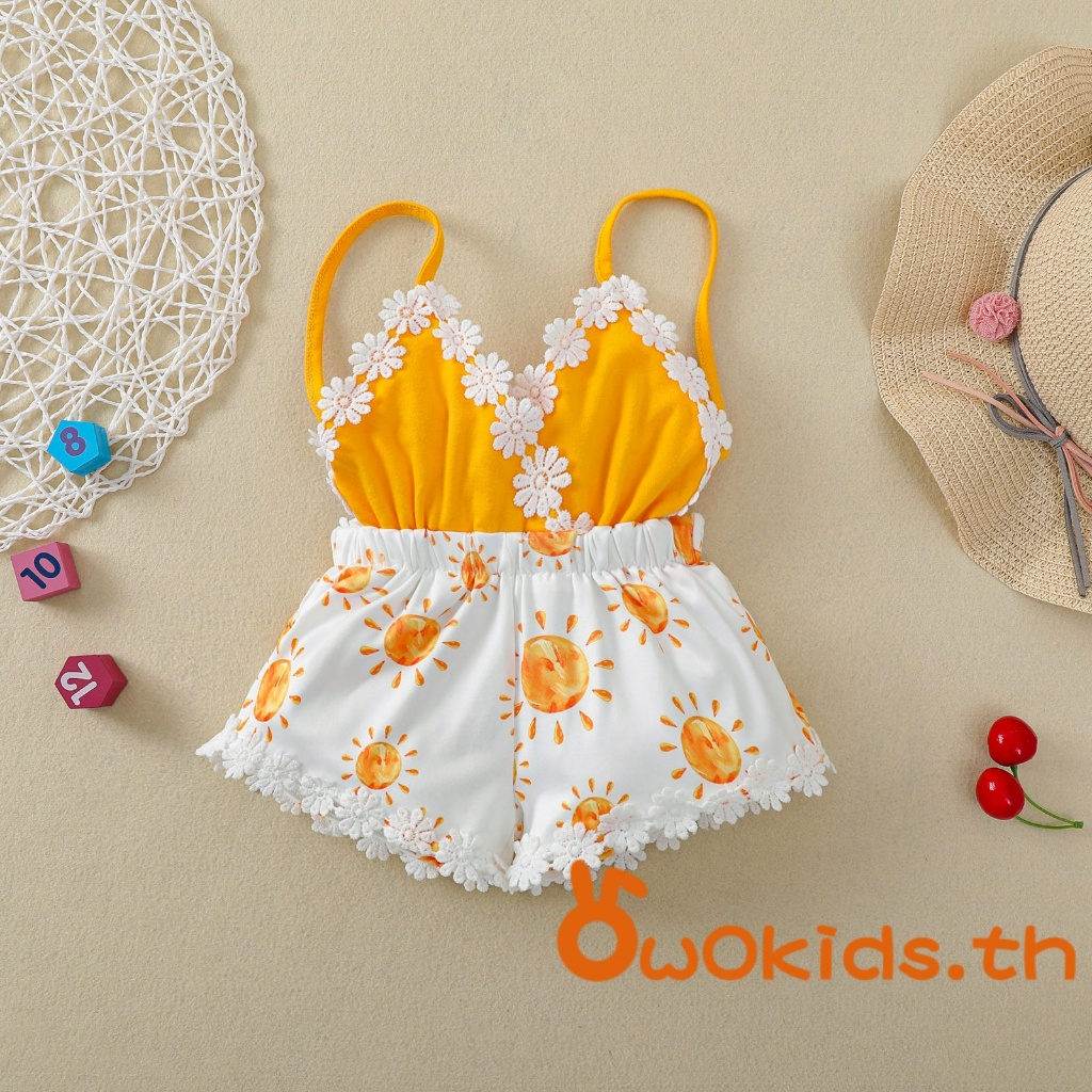【ส่งจากไทย】​0-4Y ชุดรอมเปอร์สไตล์ลําลองทารกแรกเกิดสําหรับเด็กผู้หญิงแขนกุดดวงอาทิตย์พิมพ์ชุดเพลย์สูทคอวีพร้อมดอกไม้ตกแต่ง
