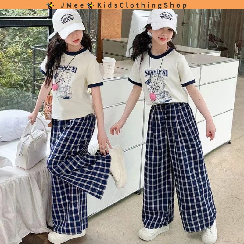 [อ่าน คลังสินค้า] 3-14 ปีชุดเด็กผู้หญิง 2025 ชุดฤดูร้อน ใหม่ กลาง ถึง ใหญ่ เด็ก แขนสั้น กางเกงขากว้าง ชุดทูพีซมีสไตล์