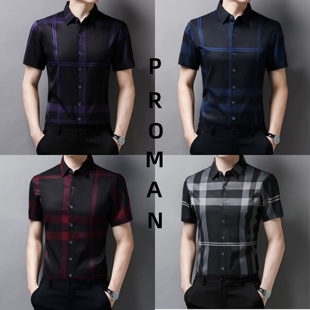 ProMan🌟เสื้อเชิ้ตลายทางแนวตั้งสำหรับผู้ชาย  ปกพับ  เรียบง่าย  ลำลอง  สไตล์ธุรกิจ  ผ้าไอซ์ซิลซ์