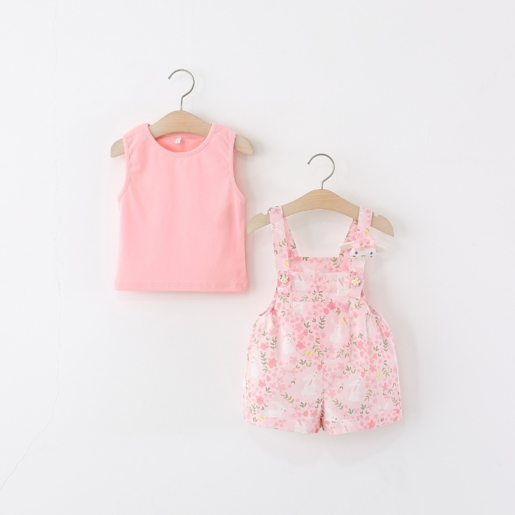 ฤดูร้อนใหม่เด็กสาวชุดสองชิ้น, สีทึบแขนกุดด้านบน + ชุดเอี๊ยม ดอกไม้เสื้อผ้าเด็ก (9 เดือน -4 ปี)