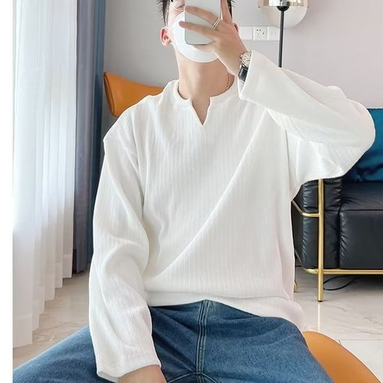 Eershensheng เสื้อยืดผู้ชายสีทึบแขนยาวคอวีเกาหลีเสื้อลําลอง