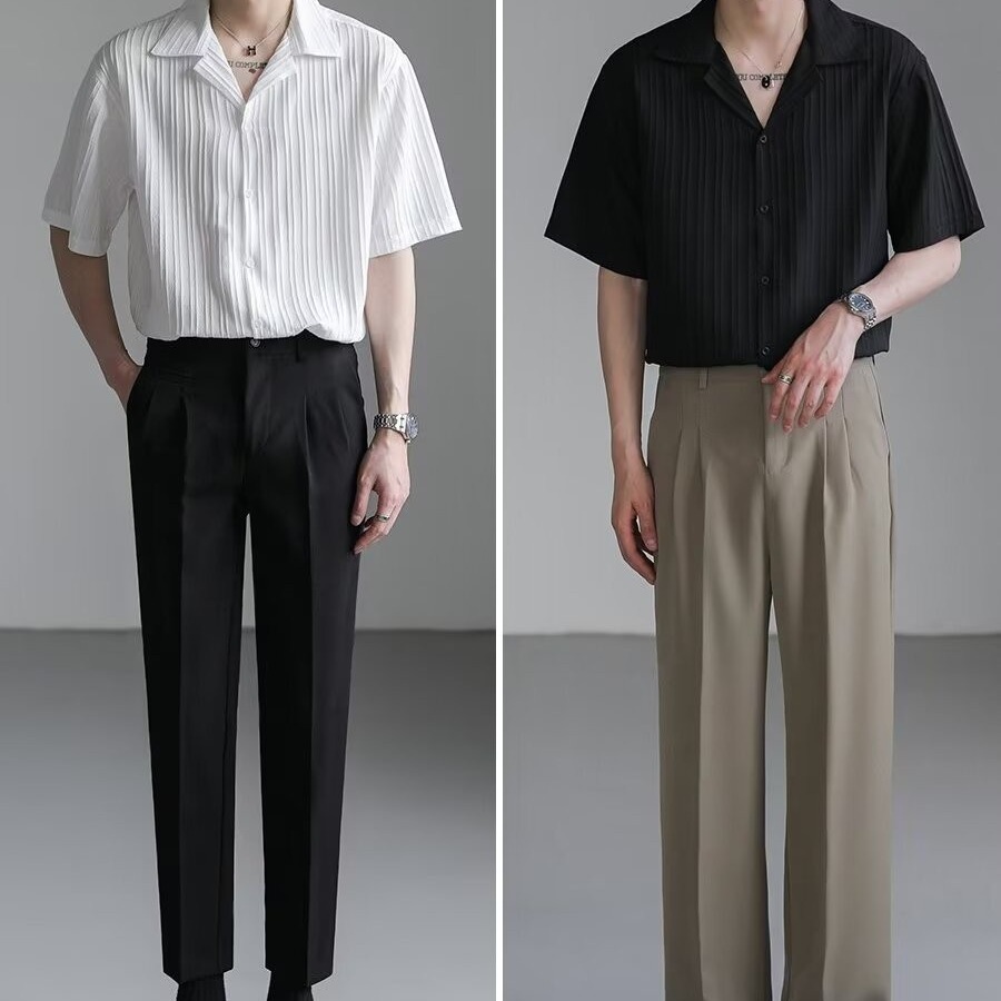 ฤดูร้อนแสงผู้ใหญ่สไตล์ผ้าม่านเสื้อผู้ชายอินเทรนด์แบรนด์หลวมคิวบาปกแขนสั้นผู้ชายฝรั่งเศสสีดําและสีขาวเสื้อลําลองที่เป็นกลาง