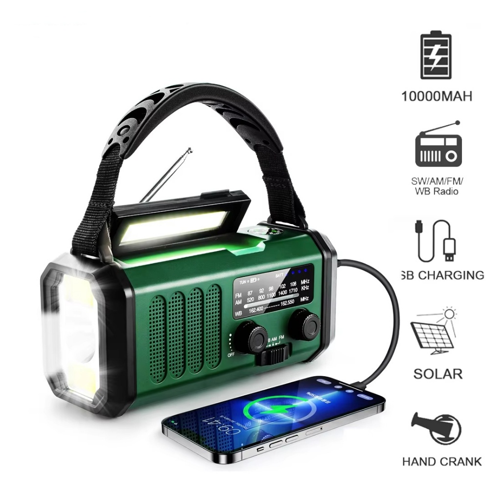 10000mah วิทยุฉุกเฉิน Solar Hand Crank Generator AM/FM วิทยุแบบพกพา SOS Alarm Power Bank ชาร์จวิทยุไฟฉาย LED