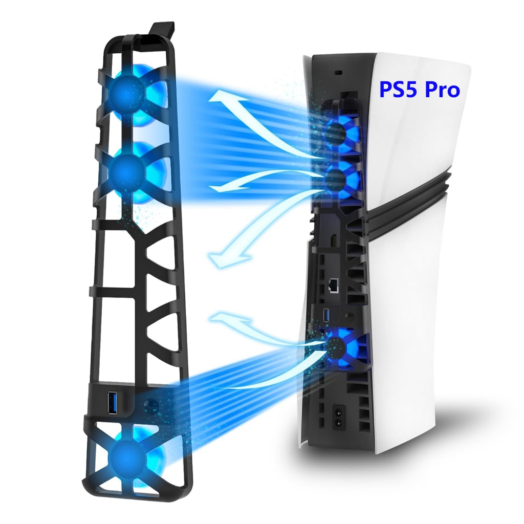 DOBE พัดลมระบายความร้อนสำหรับเครื่องเล่น PS5 Pro, มีฟังก์ชันบันทึกค่า, ไฟ LED, พัดลมความเร็วสูง 3 ตัว และพอร์ต USB 3.0