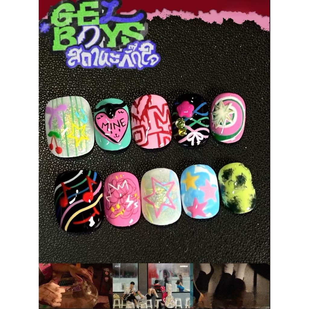 Gelboys Fingertip Romance ละครไทย Dopamine Short Nail ทําด้วยมือเทียมกดบนเล็บ