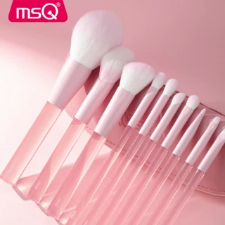 MSQ ชุดแปรงแต่งหน้า 10 ชิ้น ก้านใสสีชมพู ประกอบด้วยแปรงคอนซีลเลอร์ ปัดแป้ง อายแชโดว์ อายไลเนอร์ เบ้าตา