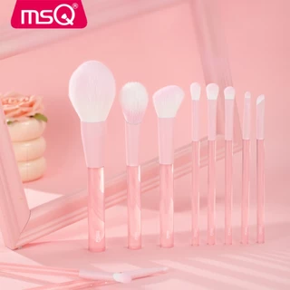 MSQ ชุดแปรงแต่งหน้า 10 ชิ้น ก้านใสสีชมพู ประกอบด้วยแปรงคอนซีลเลอร์ ปัดแป้ง อายแชโดว์ อายไลเนอร์ เบ้าตา