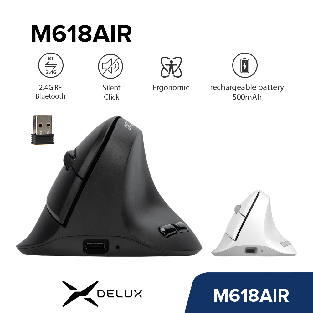 Delux M618AIR ไร้สายบลูทูธเมาส์แนวตั้งแบบชาร์จไฟได้ Ergonomic MAX 4000 DPI 6 ปุ่มเงียบคลิกสําหรับมือเล็กสีดําและสีขาว