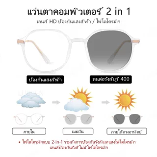 LUSEEN แว่นตากรองแสงและเปลี่ยนสีได้ สำหรับผู้หญิง ผู้ชาย ทรงกลม กรอบเต็ม รุ่น AG2257