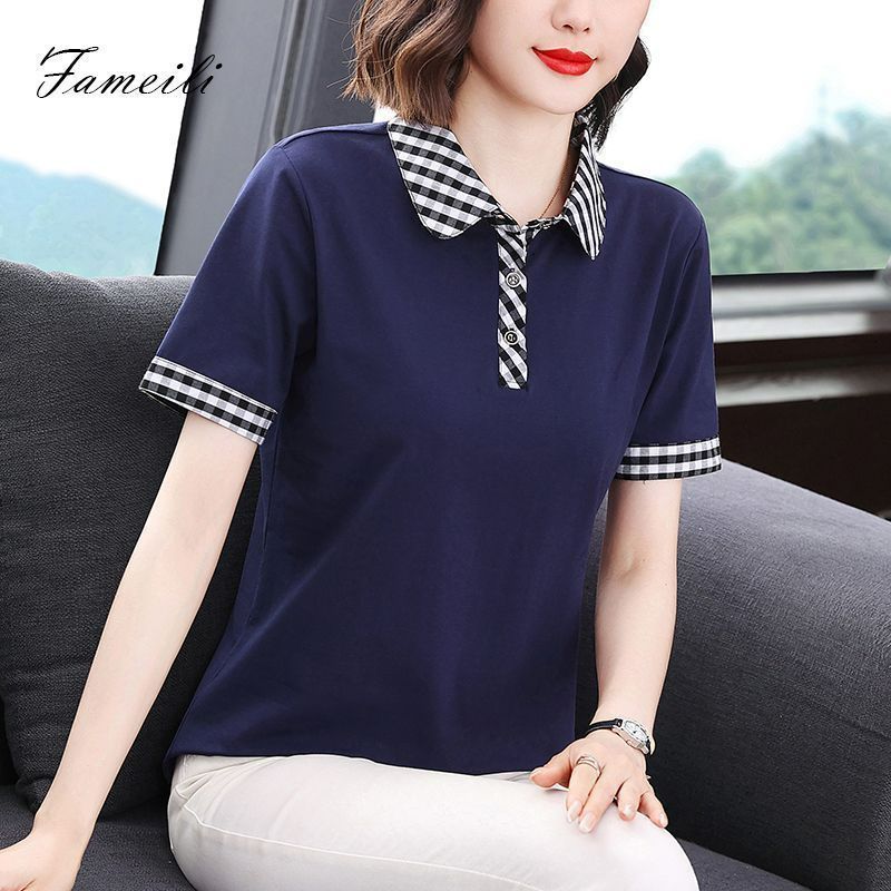 Oversize เสื้อสตรีแขนสั้น Wanita Baju Splicing Polo COLLAR V คอเสื้อหลวมยาวเสื้อฤดูร้อนเสื้อผ้าขนาดใหญ่ Plus ขนาด #1855
