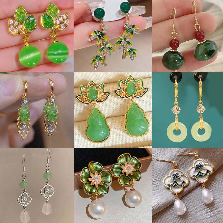Retro Elegant Temperament Rhinestone Pearl Green ฤดูใบไม้ผลิฤดูร้อนสไตล์ใหม่ต่างหูต่างหูแฟชั่นประณีต