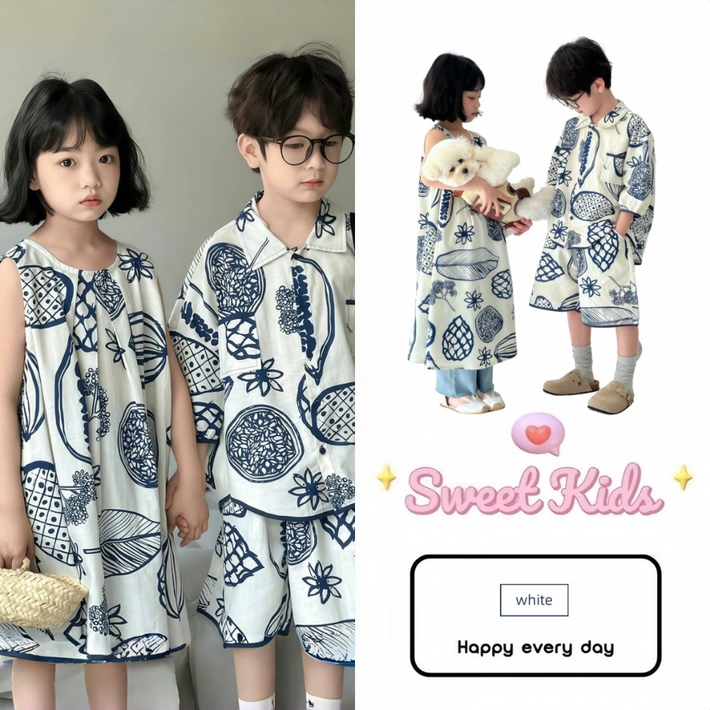 SweetKids พร้อมส่งจากกทม🌸ชุดพี่ชายและน้องสาว🍓ลวดลายดอกไม้ กระโปรงยาวแขนกุดและชุดลําลองแขนสั้น สไตล์รีสอร์ทย้อนยุคแฟชั่นฤดูร้อน