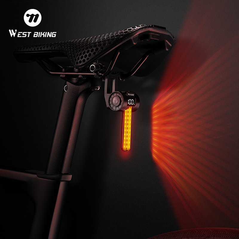 WEST BIKING น้ําหนักเบาไฟท้ายจักรยานน้ําหนักเบาสีแดงไหลเบรค Sensing IPX4 แบตเตอรี่กันน้ําจอแสดงผลดิจิตอลไฟเตือนกลางคืน