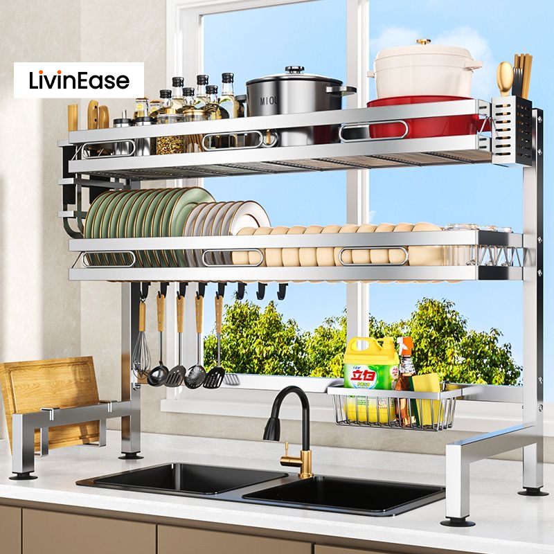 Livinease 62-102 ซม.สแตนเลสอ่างล้างจานชั้นวางจานเก็บเหนืออ่างล้างจานชั้นวางจาน Multi-Functional Draining Rack